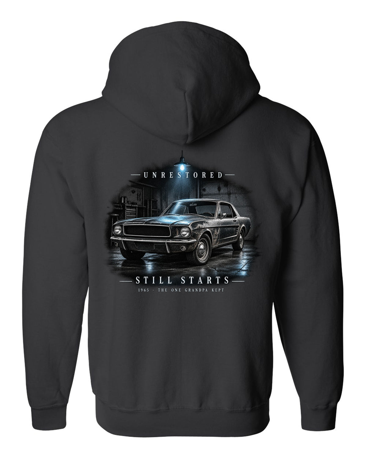 Garage night illustration of a white 1965 Ford Mustang coupe with unrestored still starts lettering black zip hoodie back view with the design