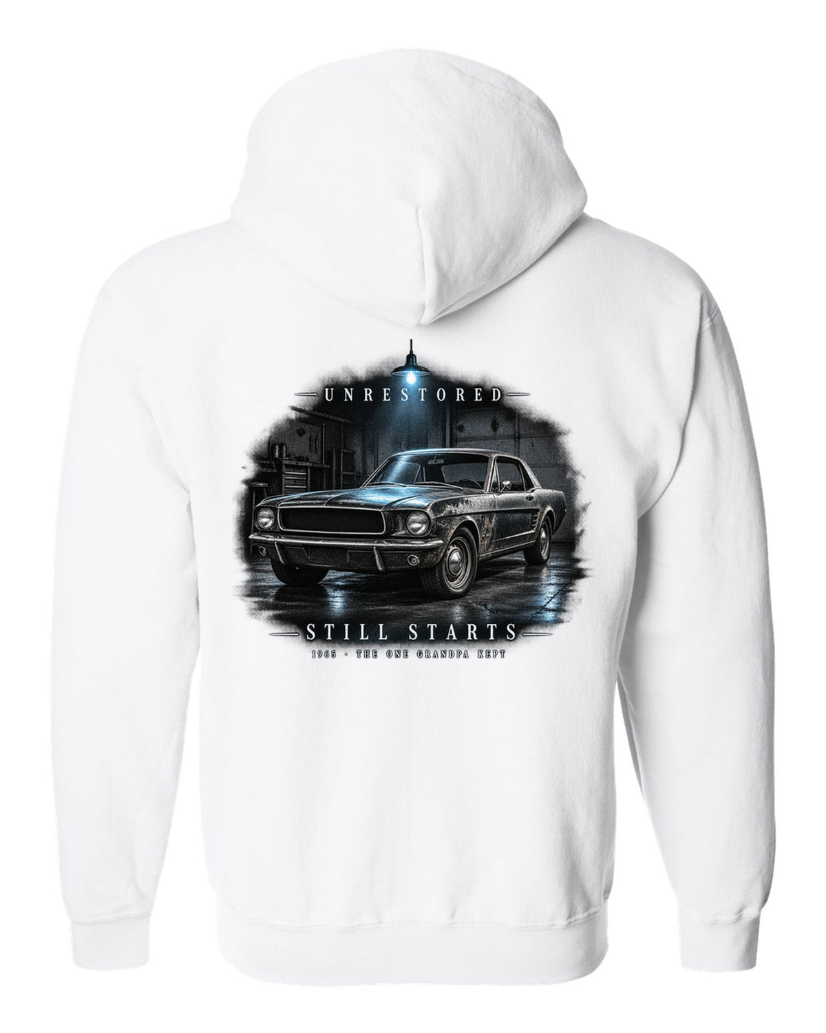 Garage night illustration of a white 1965 Ford Mustang coupe with unrestored still starts lettering white zip hoodie back view with the design