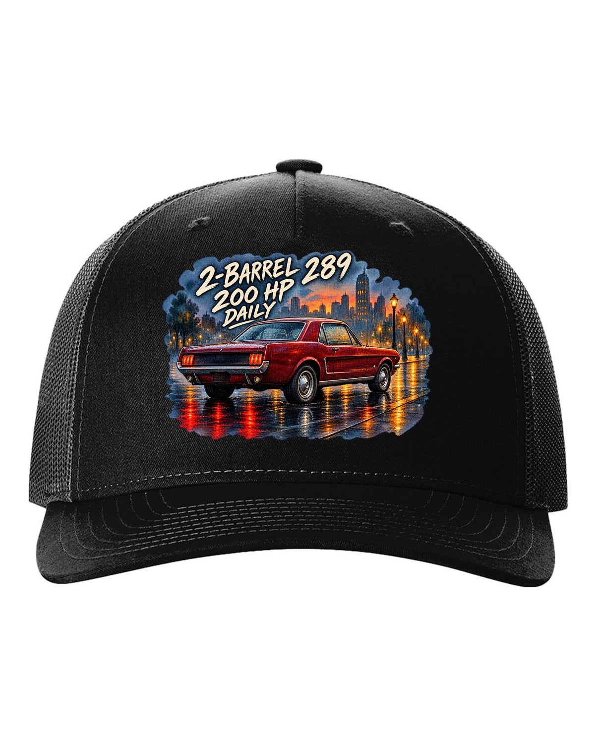 Watercolour wet-road night print of a 1965 Ford Mustang coupe with 2-barrel 289 text black hat front view with the design