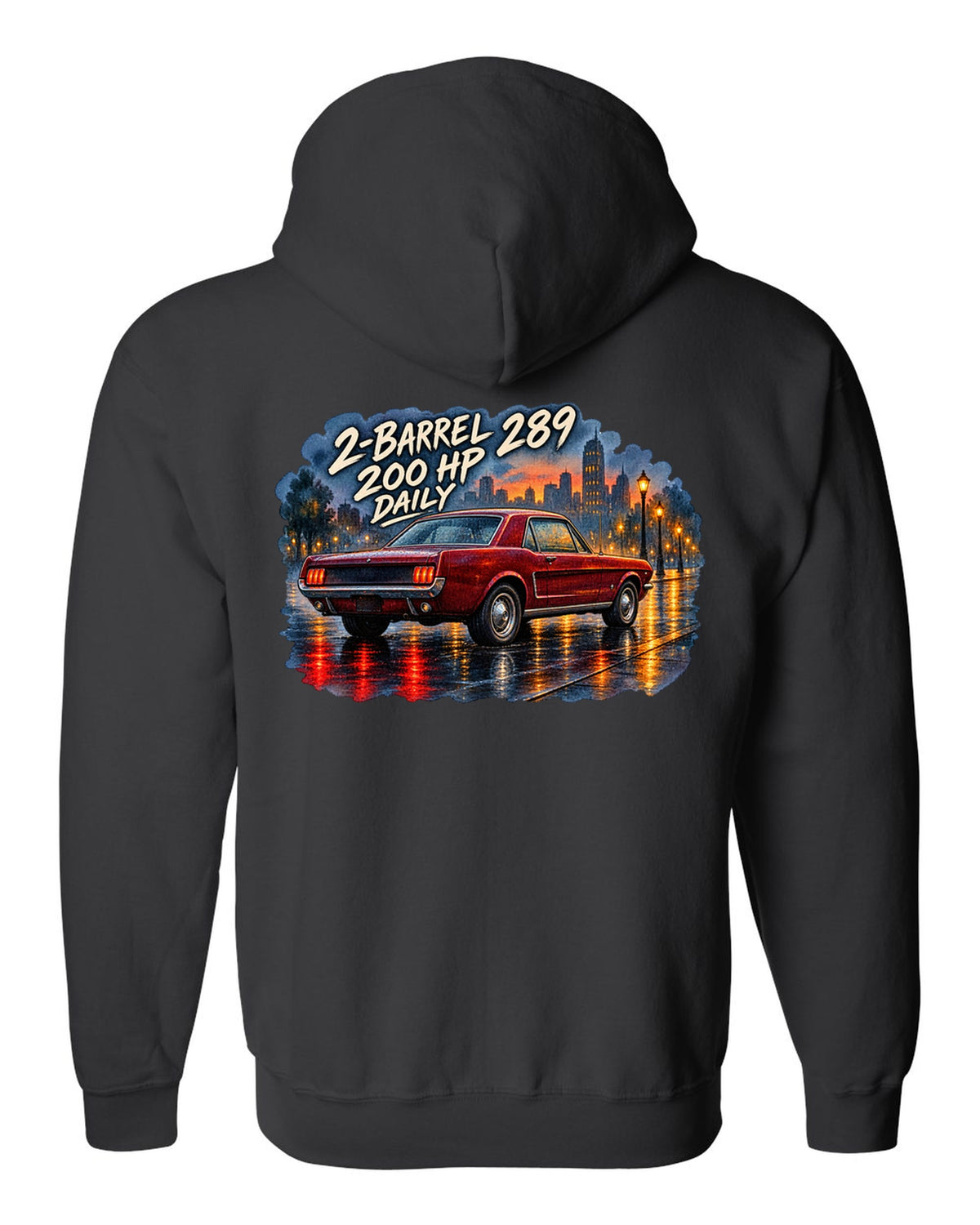 Watercolour wet-road night print of a 1965 Ford Mustang coupe with 2-barrel 289 text black zip hoodie back view with the design