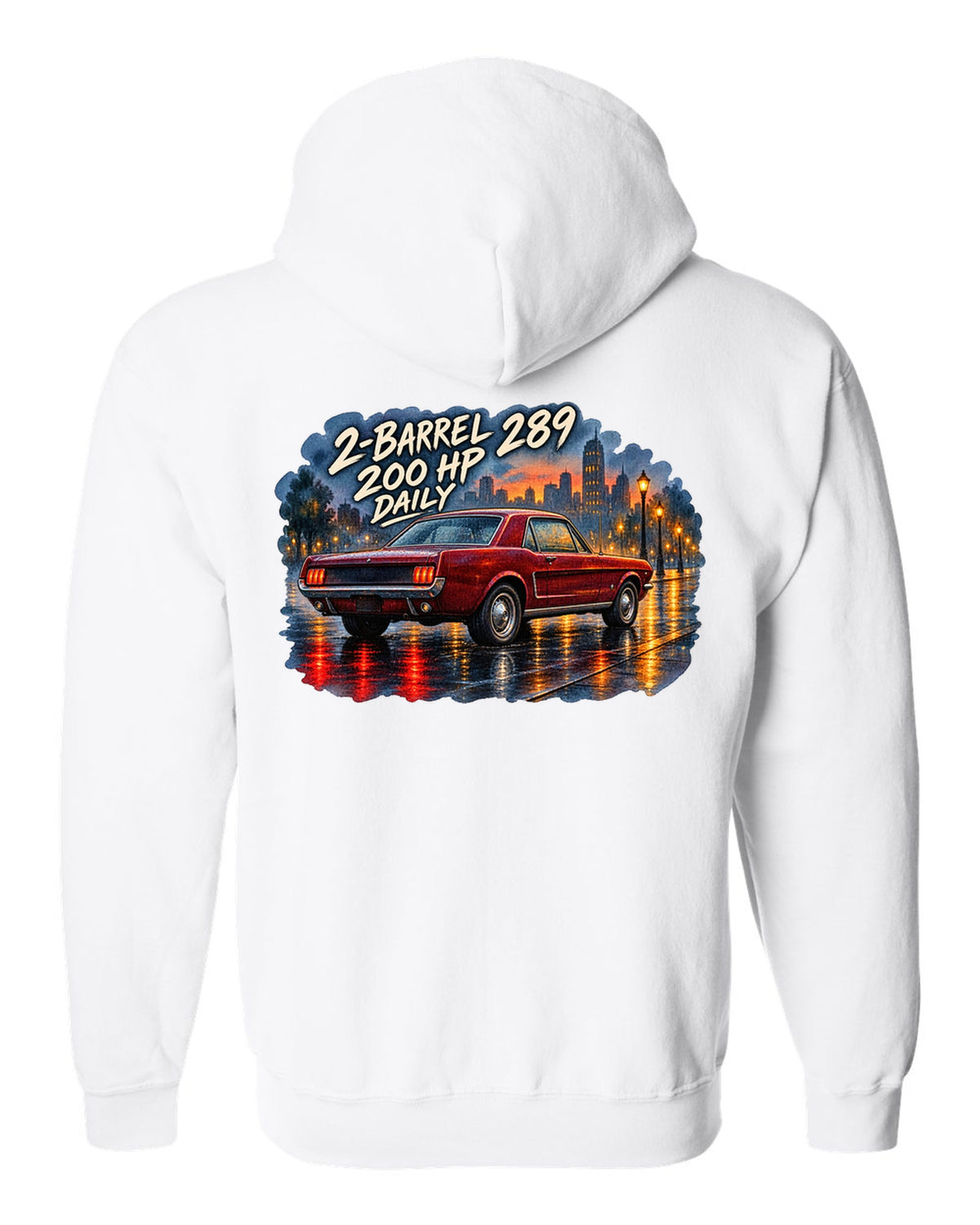 Watercolour wet-road night print of a 1965 Ford Mustang coupe with 2-barrel 289 text white zip hoodie back view with the design