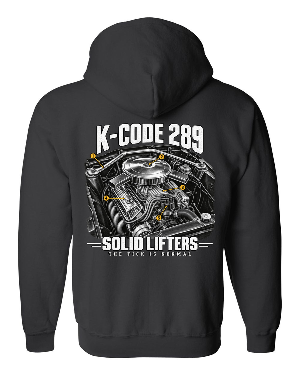 Engine illustration of a 1965 Ford Mustang K-code 289 V8 with solid lifter callouts black zip hoodie back view with the design
