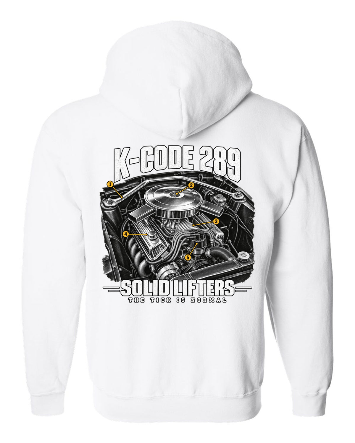 Engine illustration of a 1965 Ford Mustang K-code 289 V8 with solid lifter callouts white zip hoodie back view with the design