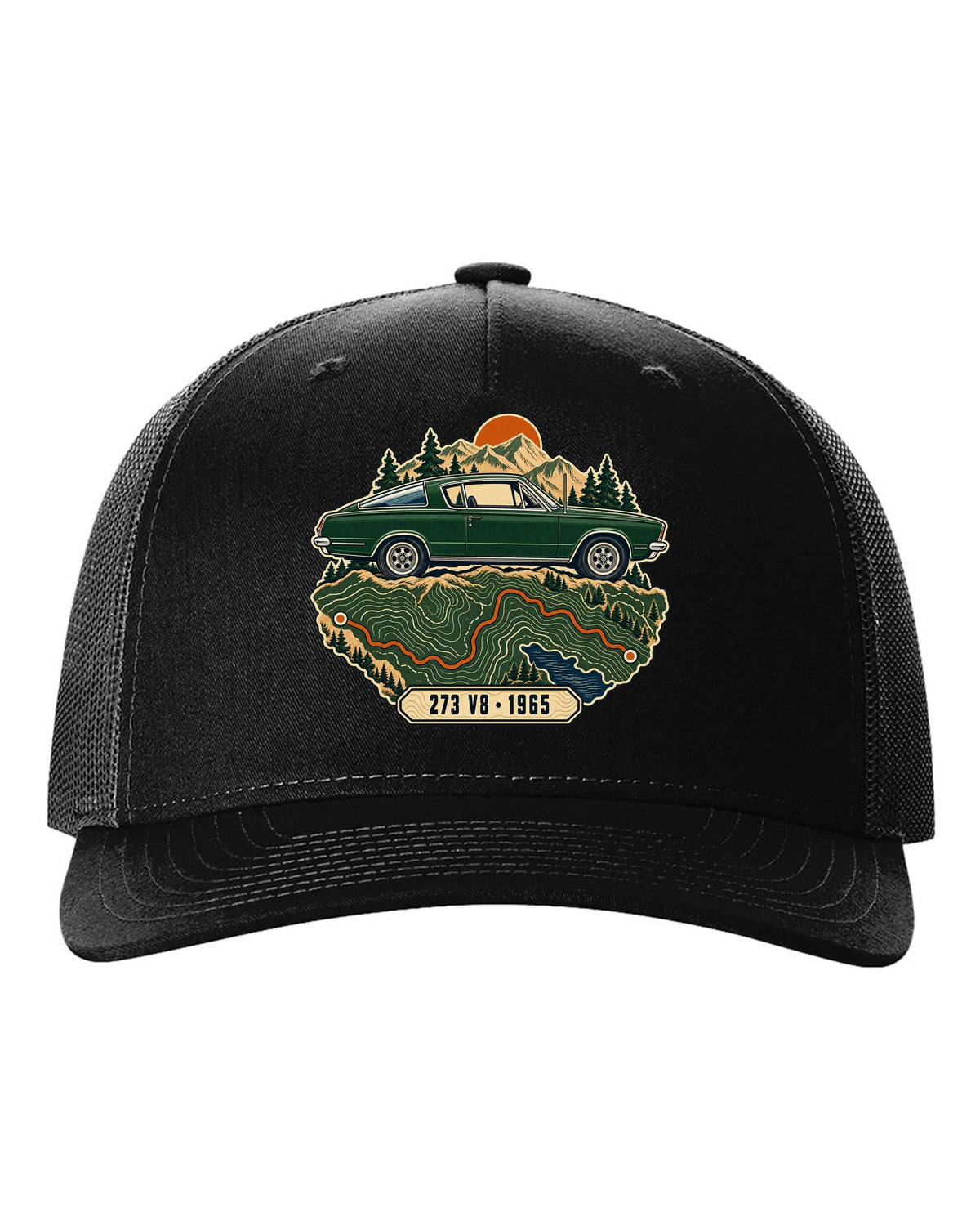 Topographic route map design with a 1965 Plymouth Barracuda fastback and 273 V8 lettering black hat front view with the design
