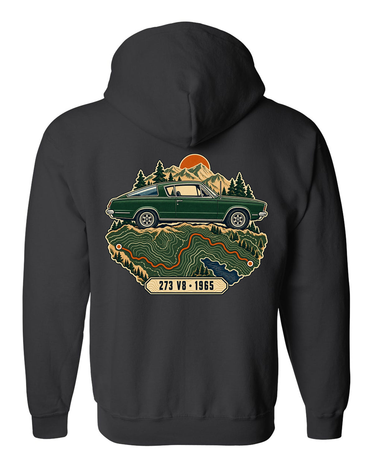Topographic route map design with a 1965 Plymouth Barracuda fastback and 273 V8 lettering black zip hoodie back view with the design