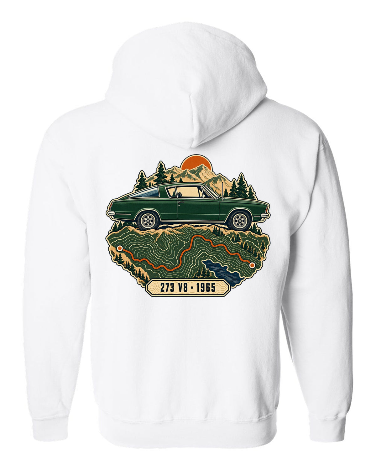 Topographic route map design with a 1965 Plymouth Barracuda fastback and 273 V8 lettering white zip hoodie back view with the design