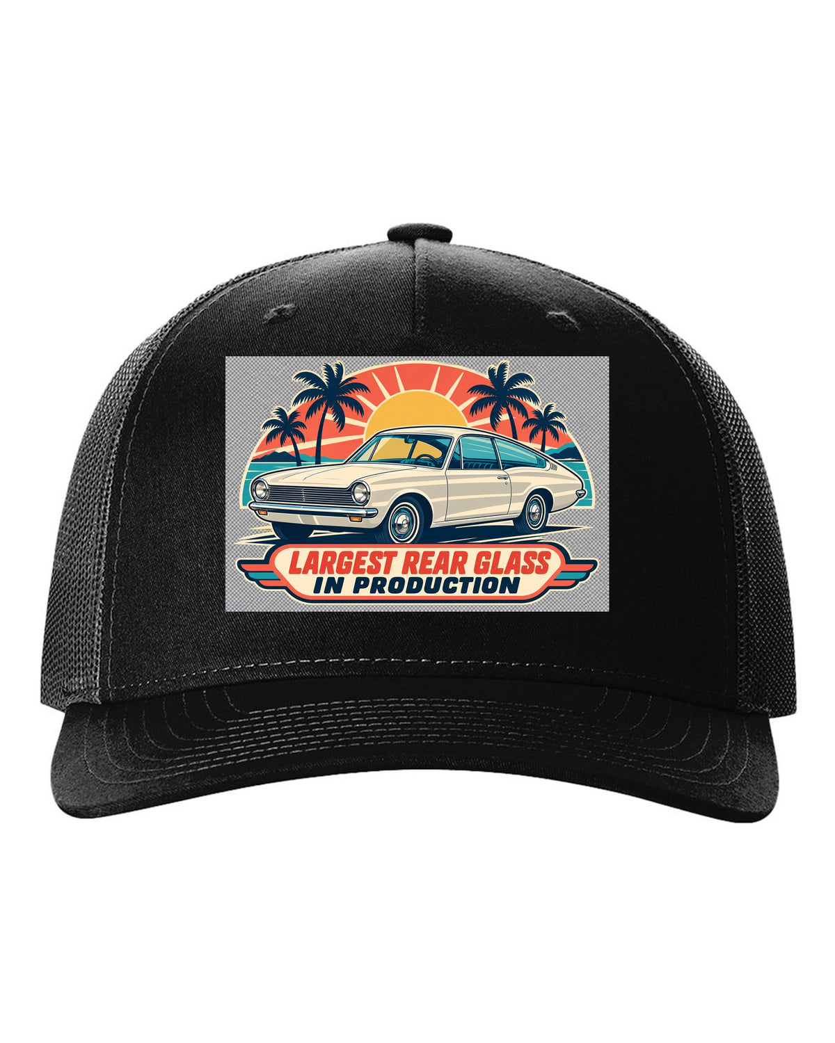 Mid-century travel poster print of a 1965 Plymouth Barracuda fastback black hat front view with the design