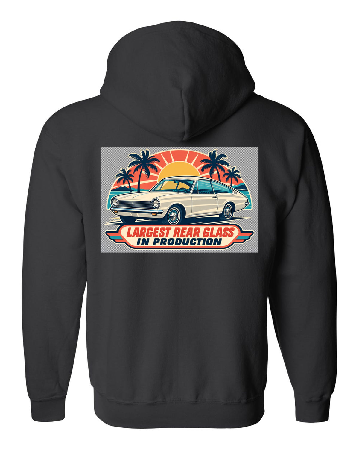 Mid-century travel poster print of a 1965 Plymouth Barracuda fastback black zip hoodie back view with the design