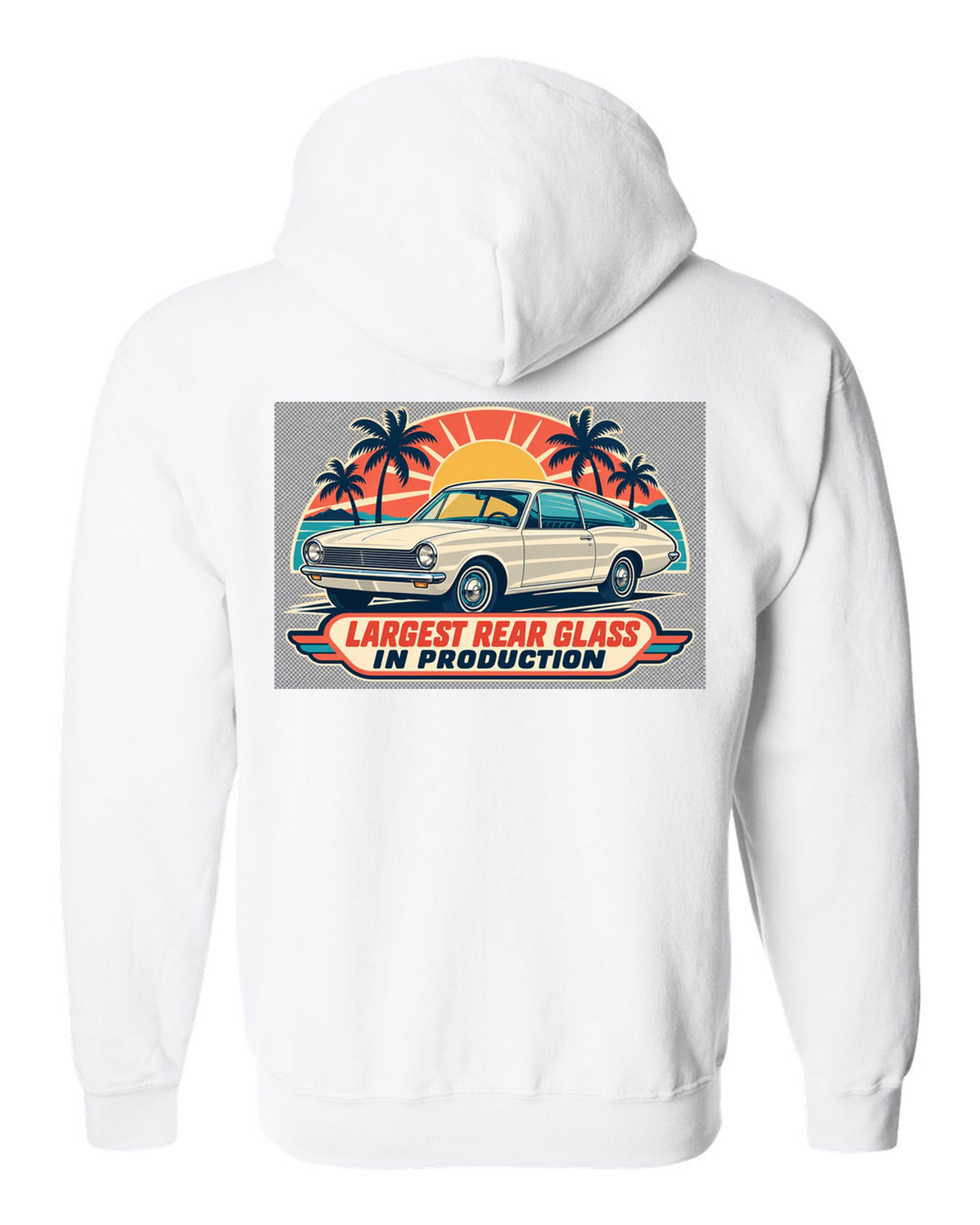 Mid-century travel poster print of a 1965 Plymouth Barracuda fastback white zip hoodie back view with the design