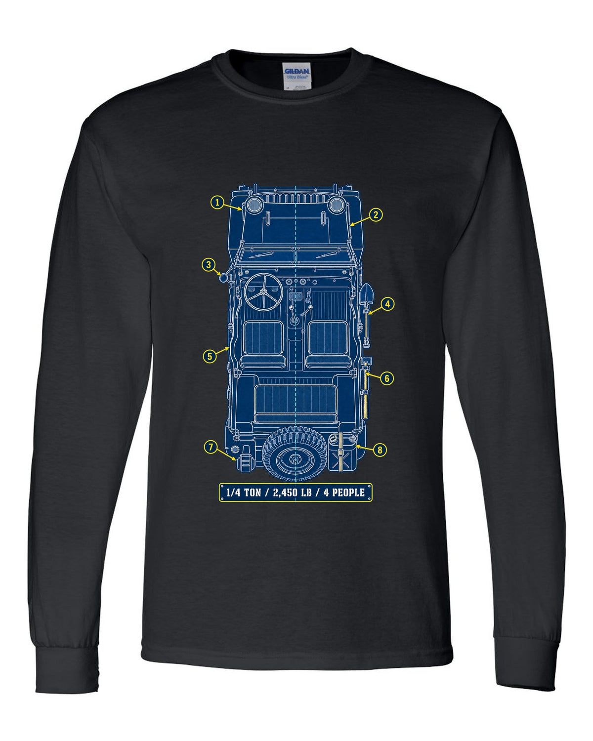 Cyanotype blueprint print of a Willys MB with field manual specs text black long sleeve front view with the design