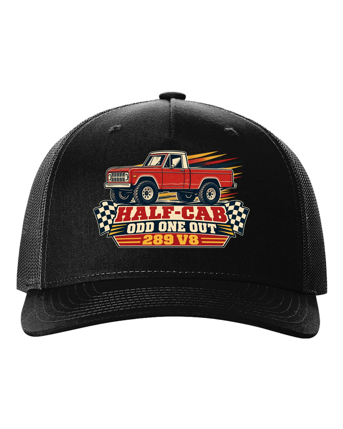 Vintage race poster art of a 1966-72 Ford Bronco U14 half-cab with HALF-CAB ODD ONE OUT lettering black hat front view with the design