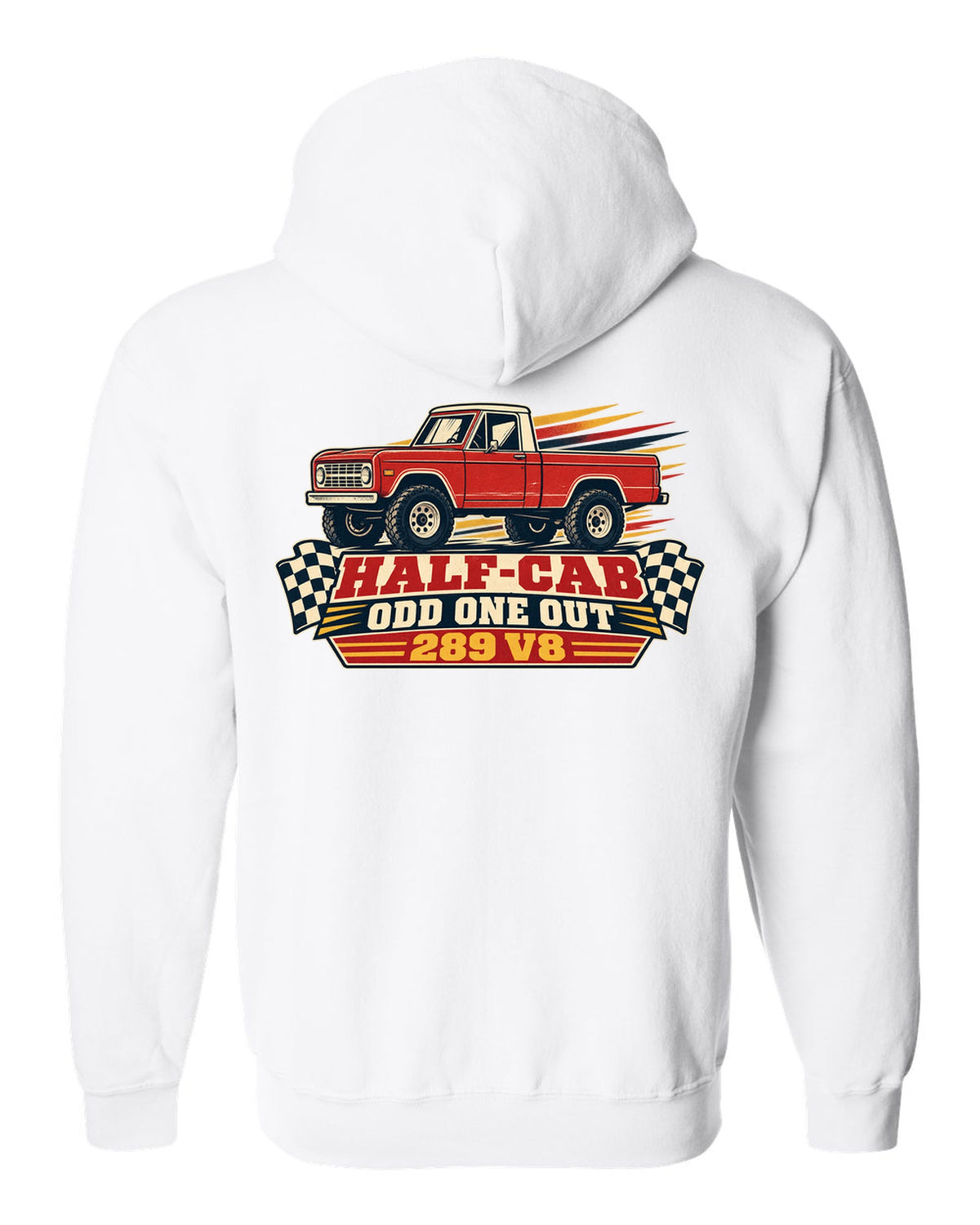 Vintage race poster art of a 1966-72 Ford Bronco U14 half-cab with HALF-CAB ODD ONE OUT lettering white zip hoodie back view with the design