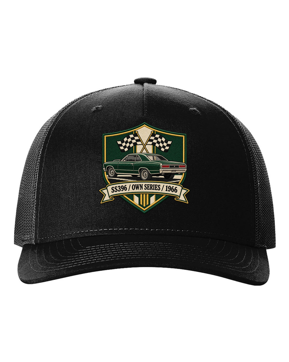 1966 Chevelle SS396 in an embroidery-style shield with text SS396 Own Series 1966 black hat front view with the design