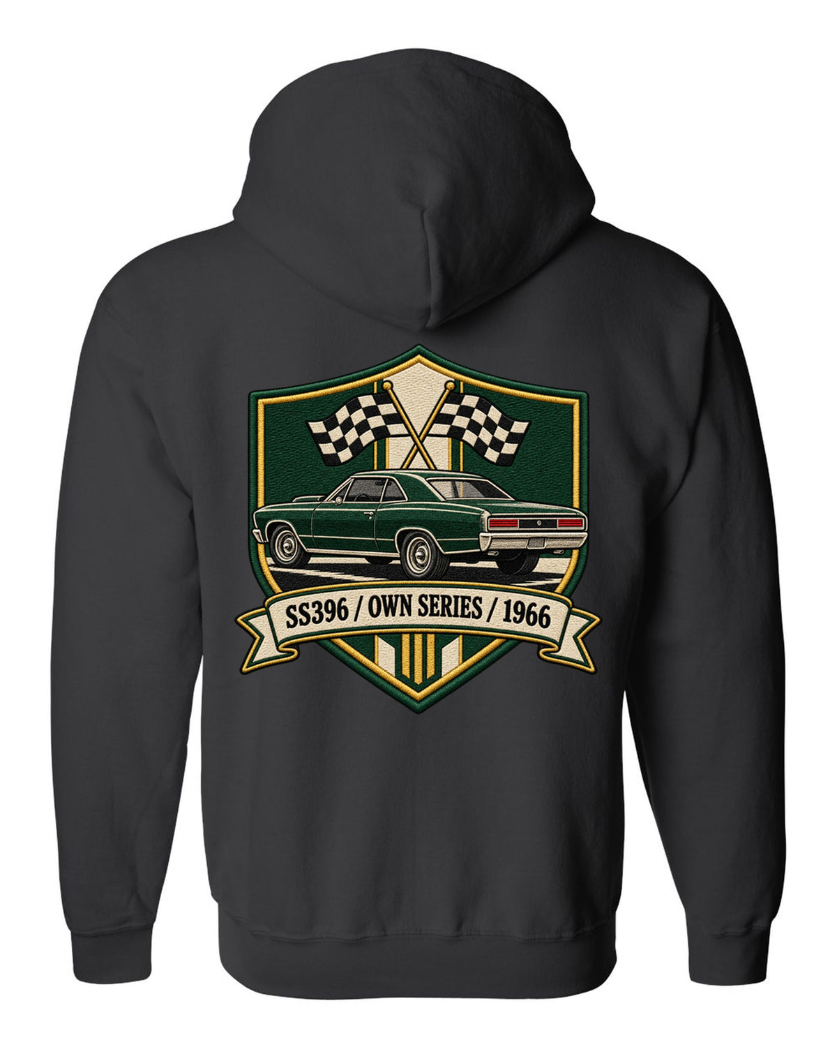 1966 Chevelle SS396 in an embroidery-style shield with text SS396 Own Series 1966 black zip hoodie back view with the design
