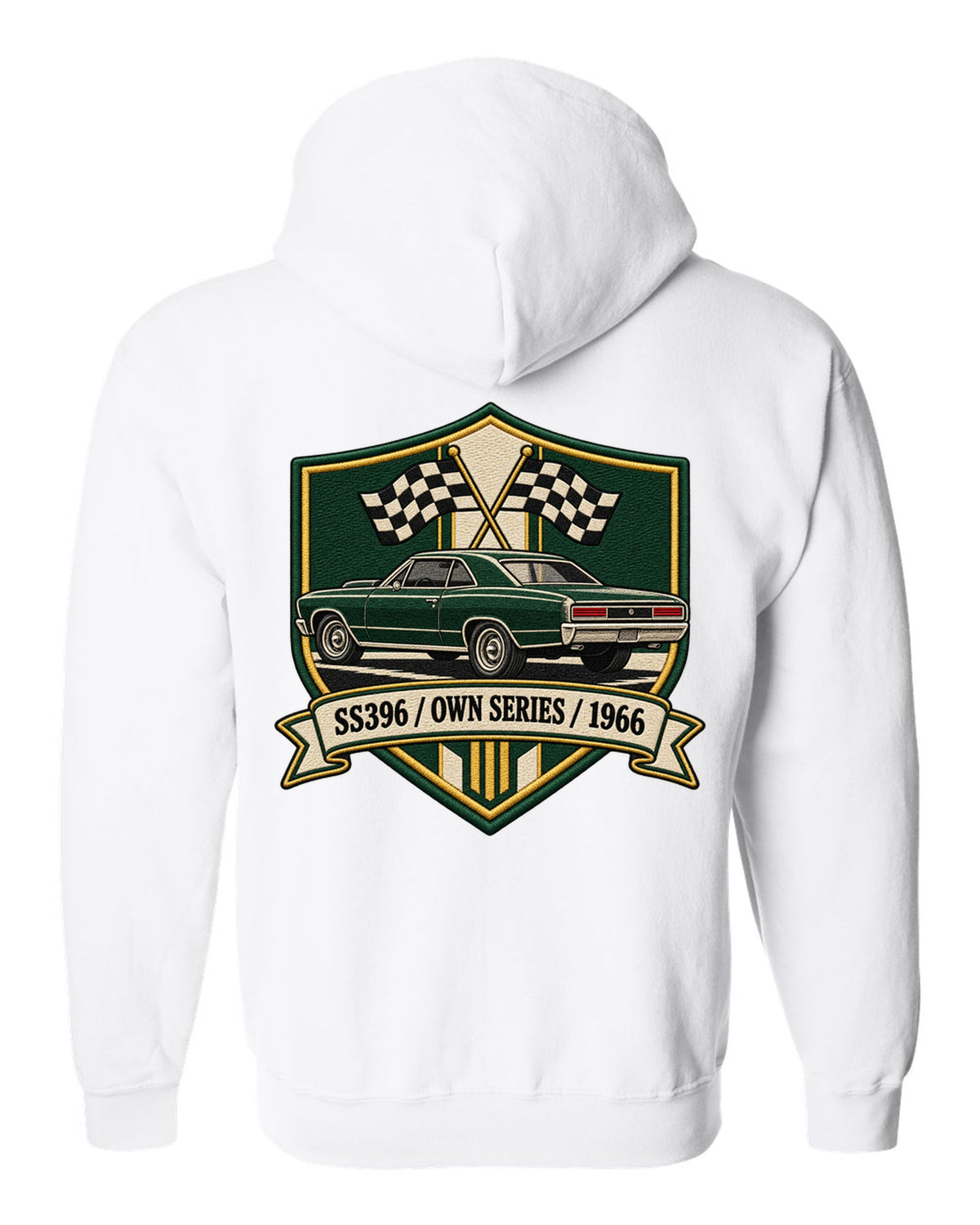 1966 Chevelle SS396 in an embroidery-style shield with text SS396 Own Series 1966 white zip hoodie back view with the design
