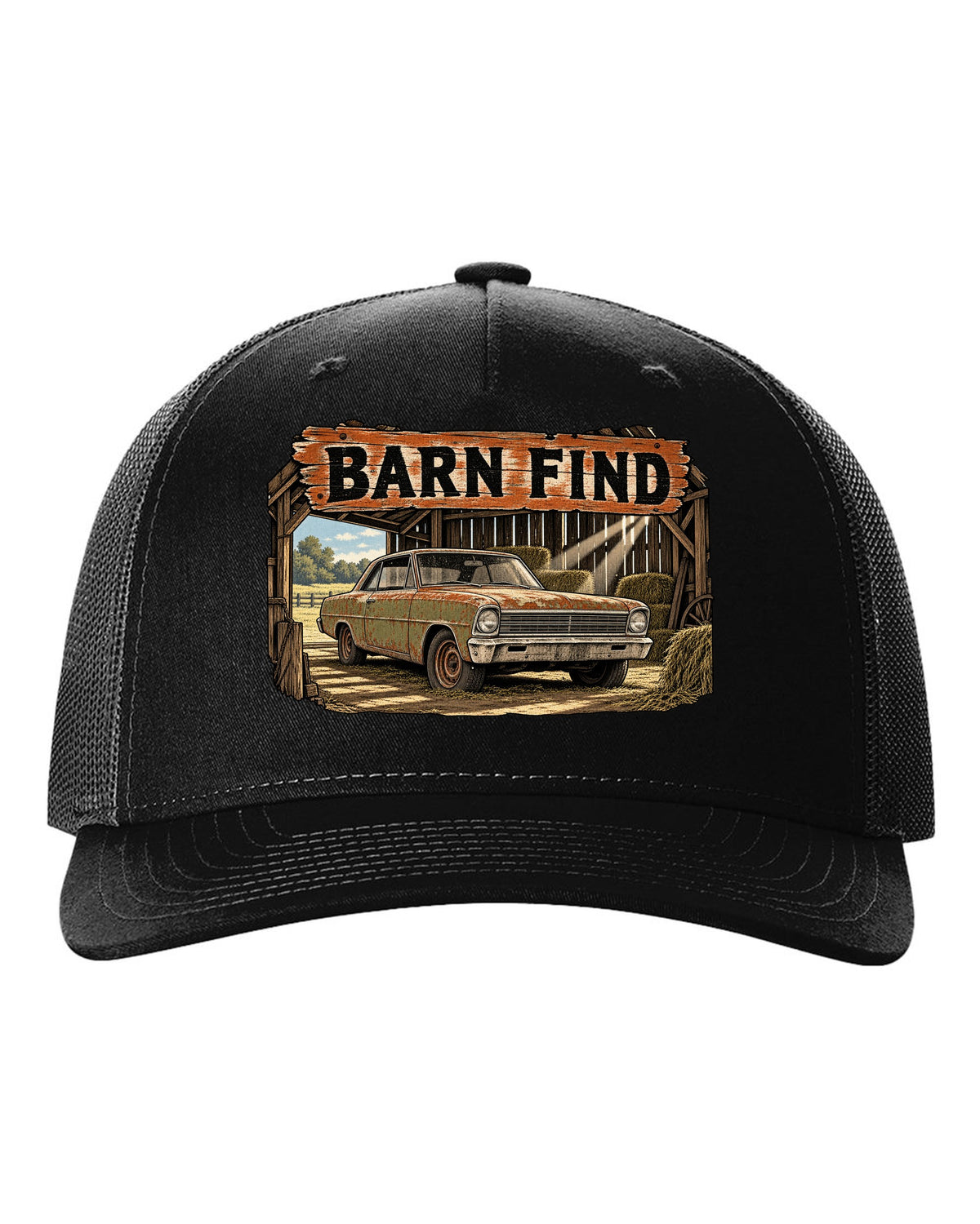 Retro manga halftone print of a 1966 Chevrolet Nova Chevy II with the text Barn Find black hat front view with the design