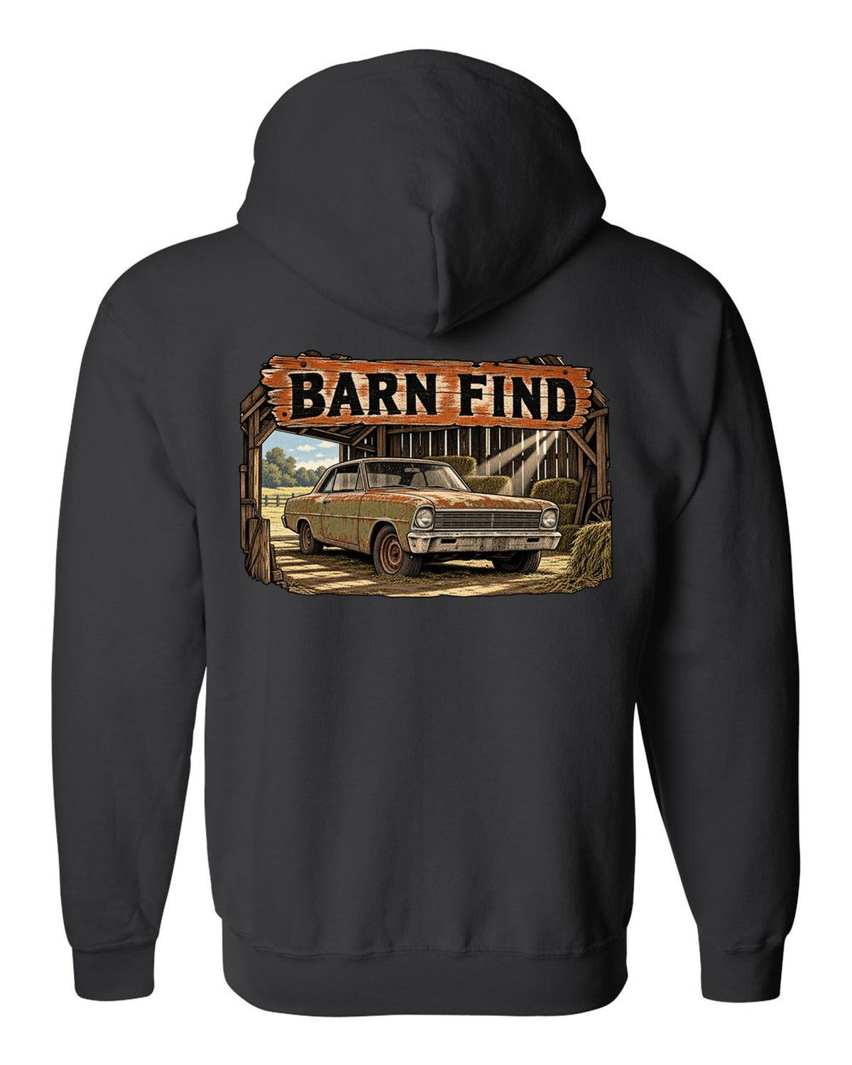Retro manga halftone print of a 1966 Chevrolet Nova Chevy II with the text Barn Find black zip hoodie back view with the design