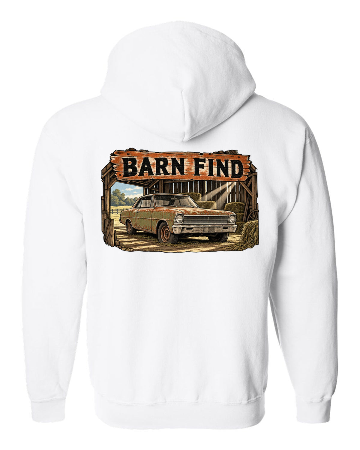 Retro manga halftone print of a 1966 Chevrolet Nova Chevy II with the text Barn Find white zip hoodie back view with the design