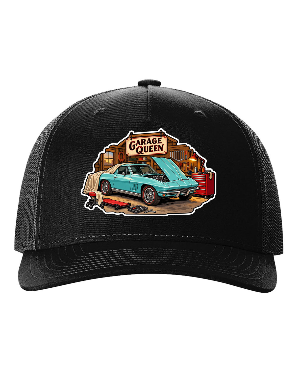 Sticker-bomb collage print of a 1966 Chevrolet Corvette C2 Sting Ray coupe with Garage Queen lettering black hat front view with the design