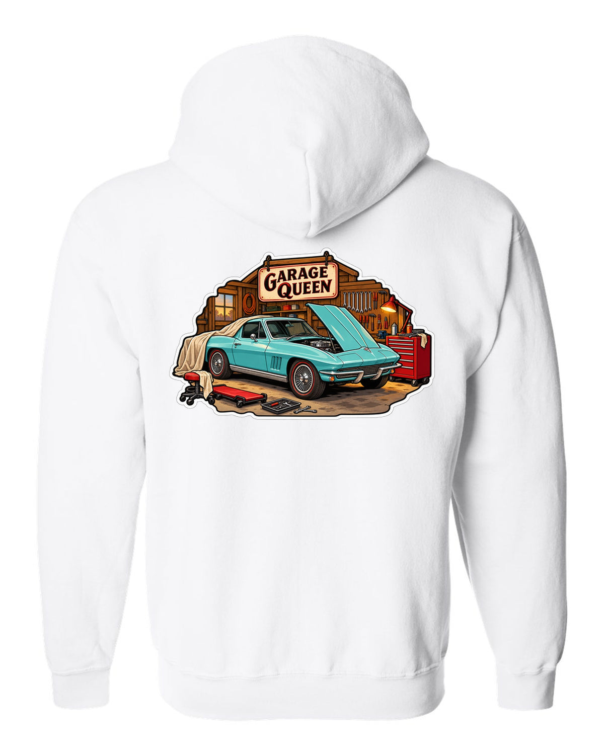 Sticker-bomb collage print of a 1966 Chevrolet Corvette C2 Sting Ray coupe with Garage Queen lettering white zip hoodie back view with the design
