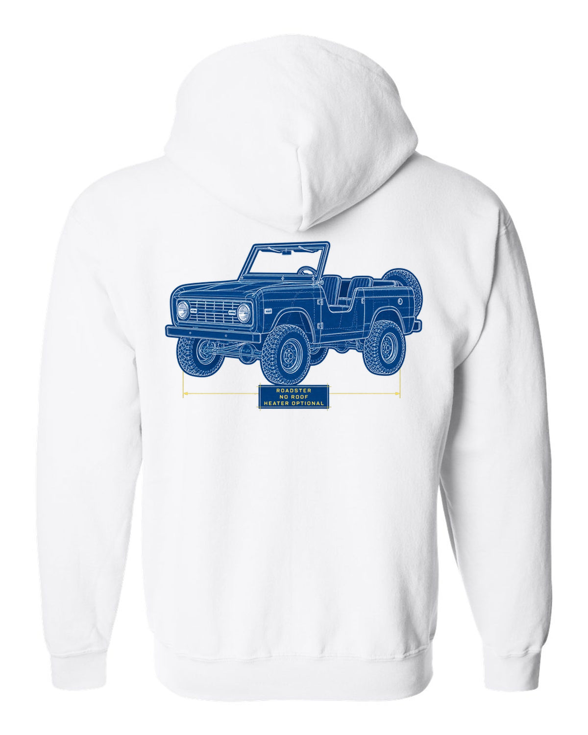 Cyanotype plan-view blueprint of a 1966 Ford Bronco U13 roadster on a trail map with NO ROOF lettering white zip hoodie back view with the design