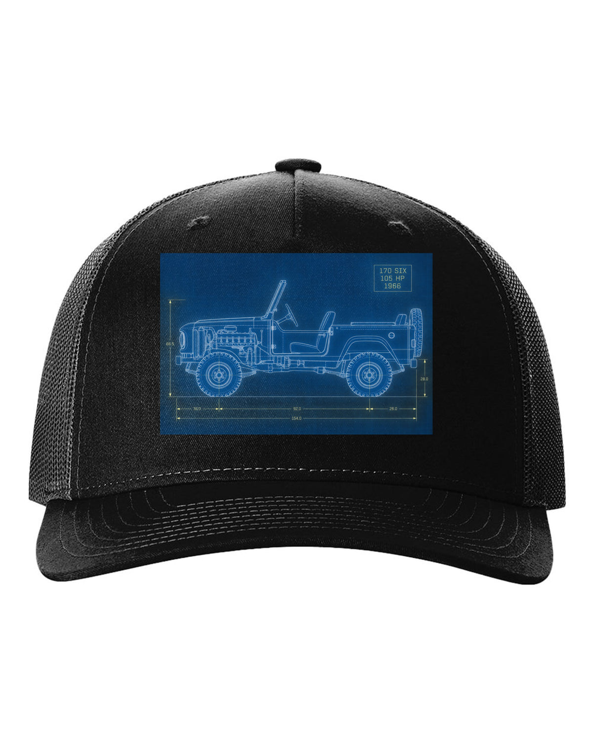 Blueprint-style line art of a 1966 Ford Bronco U13 roadster at a trailhead with 170 SIX 105 HP notes black hat front view with the design
