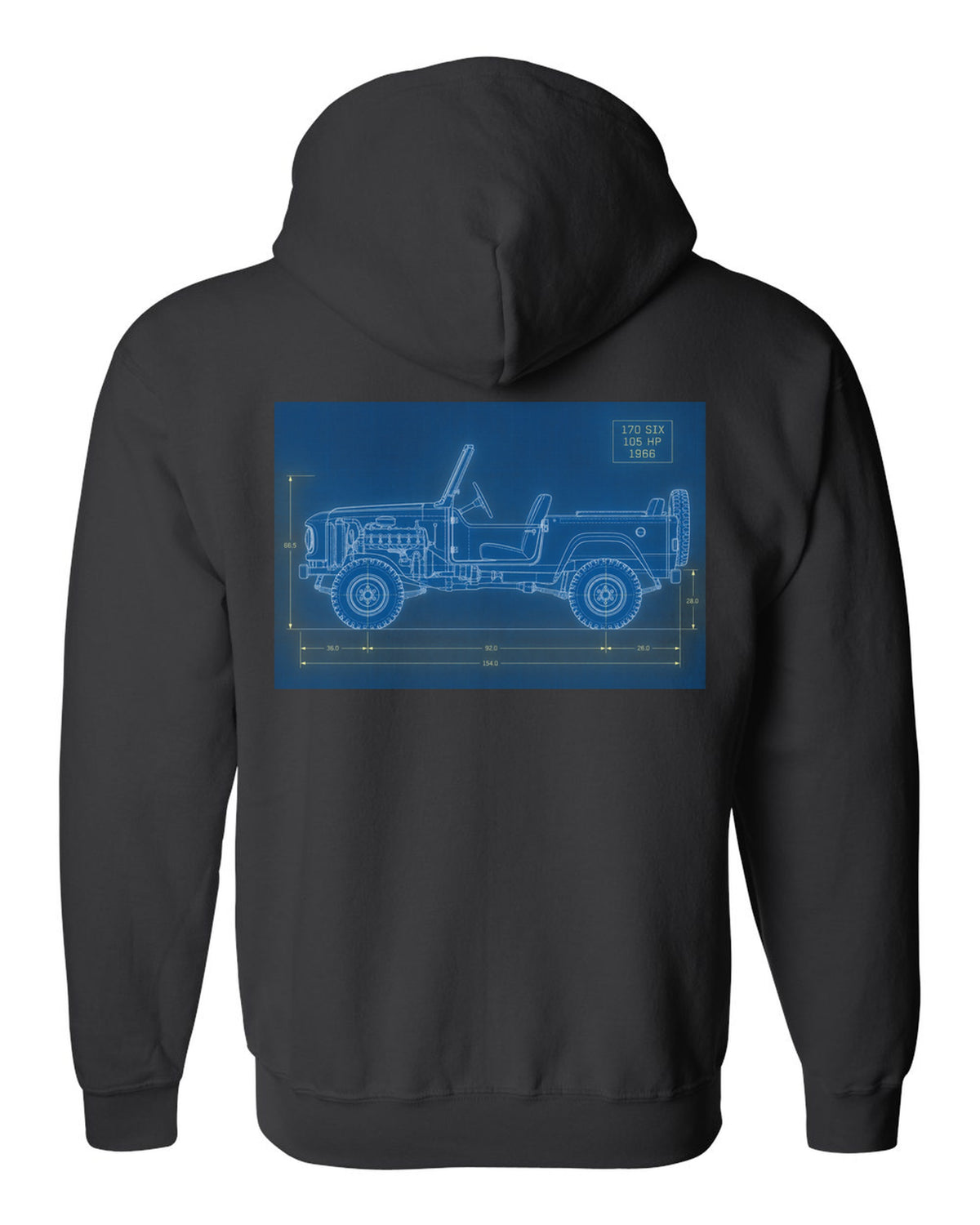 Blueprint-style line art of a 1966 Ford Bronco U13 roadster at a trailhead with 170 SIX 105 HP notes black zip hoodie back view with the design