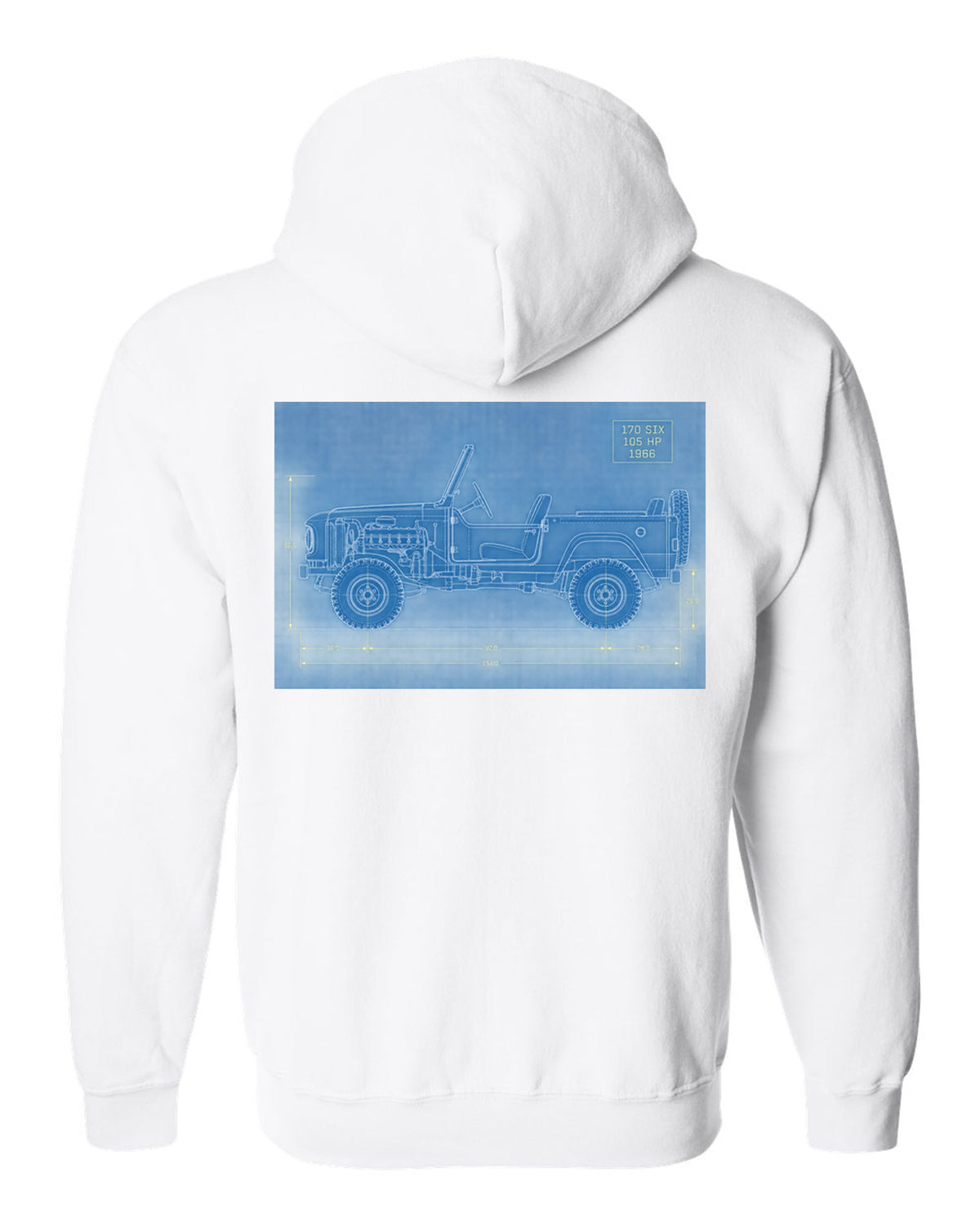 Blueprint-style line art of a 1966 Ford Bronco U13 roadster at a trailhead with 170 SIX 105 HP notes white zip hoodie back view with the design