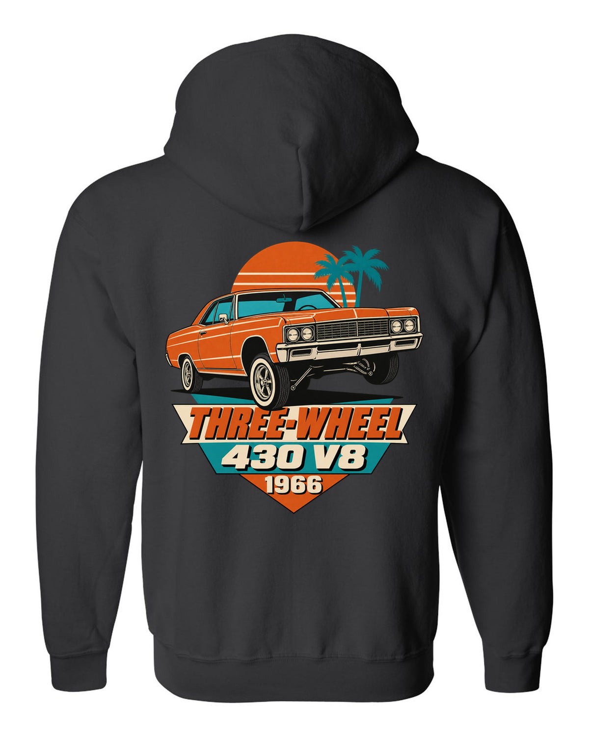 1966 Lincoln Continental lowrider on hydraulics in a 1960s litho poster style black zip hoodie back view with the design
