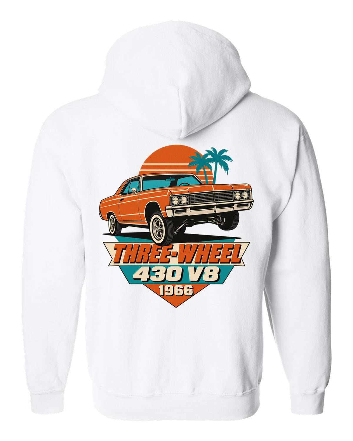 1966 Lincoln Continental lowrider on hydraulics in a 1960s litho poster style white zip hoodie back view with the design