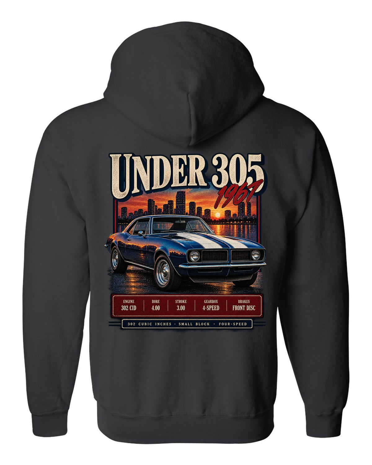 Archive-panel print of a 1967 Chevrolet Camaro Z/28 listing 302 cubic inch small block specs black zip hoodie back view with the design