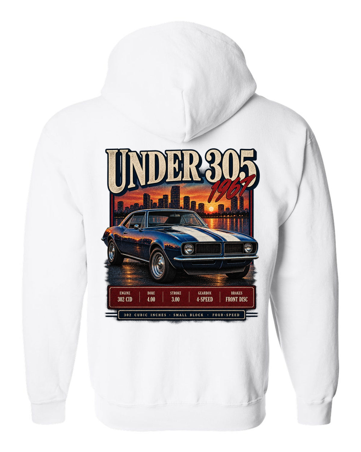 Archive-panel print of a 1967 Chevrolet Camaro Z/28 listing 302 cubic inch small block specs white zip hoodie back view with the design