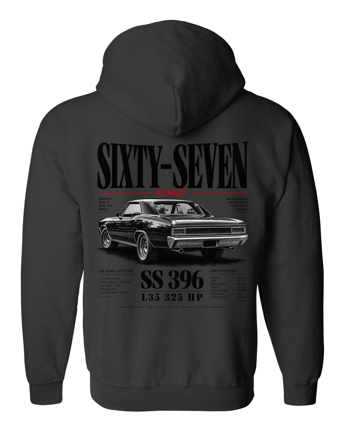 1967 Chevelle SS 396 rear three-quarter editorial headline print black zip hoodie back view with the design