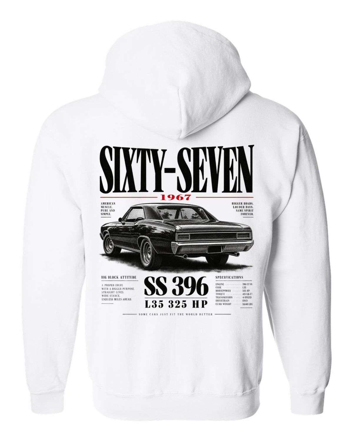 1967 Chevelle SS 396 rear three-quarter editorial headline print white zip hoodie back view with the design