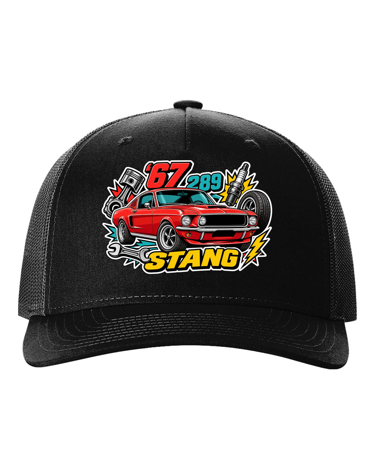 Sticker-bomb collage print of a 1967 Ford Mustang fastback black hat front view with the design