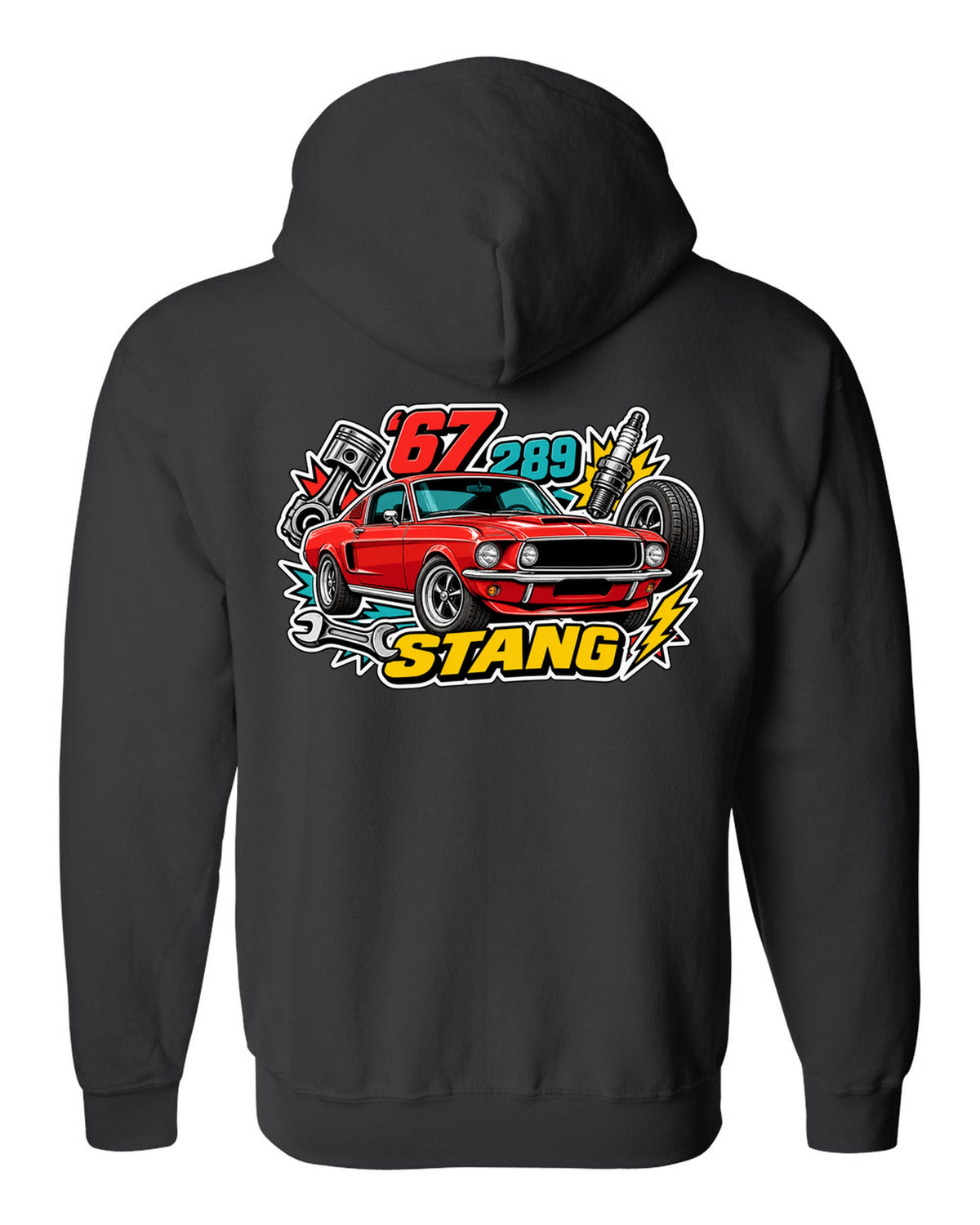 Sticker-bomb collage print of a 1967 Ford Mustang fastback black zip hoodie back view with the design