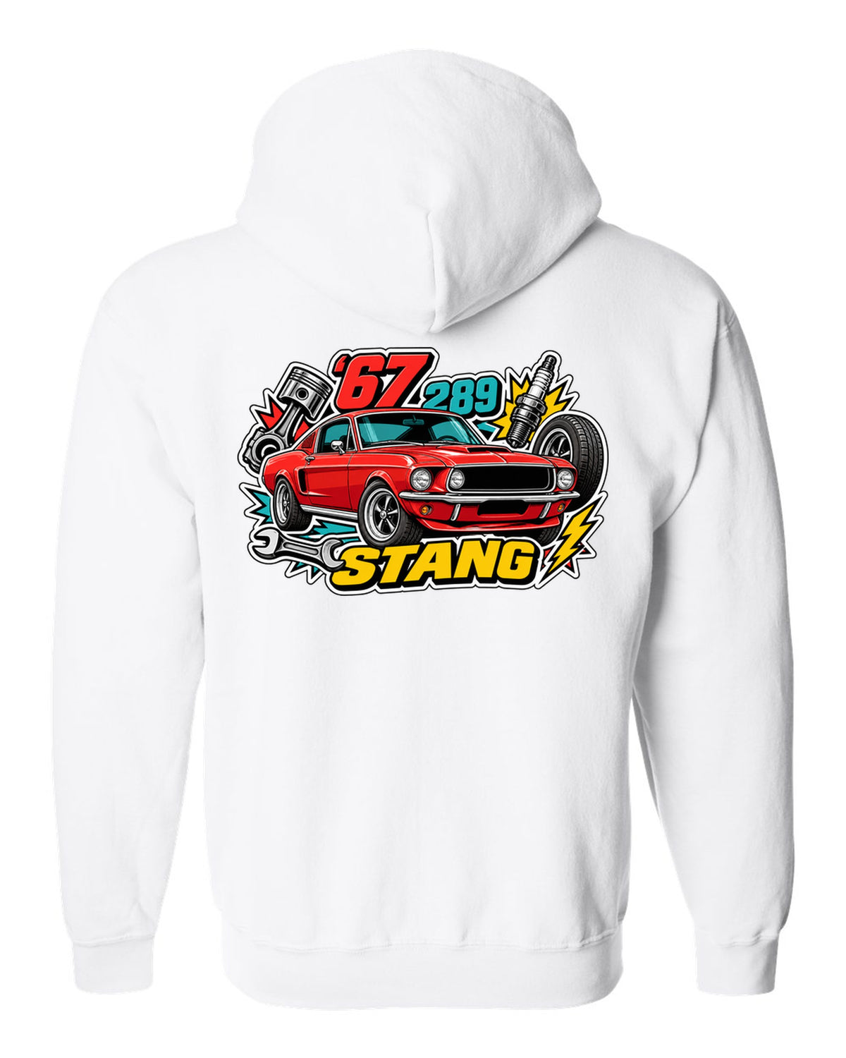 Sticker-bomb collage print of a 1967 Ford Mustang fastback white zip hoodie back view with the design