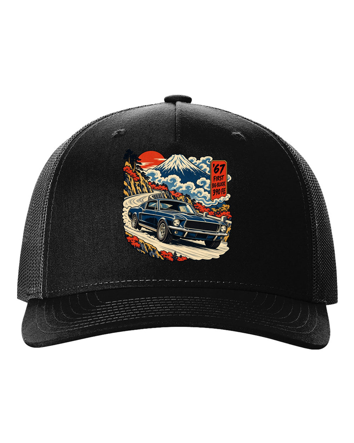 Ukiyo-e woodblock print of a 1967 Ford Mustang fastback with 390 FE first big-block text black hat front view with the design
