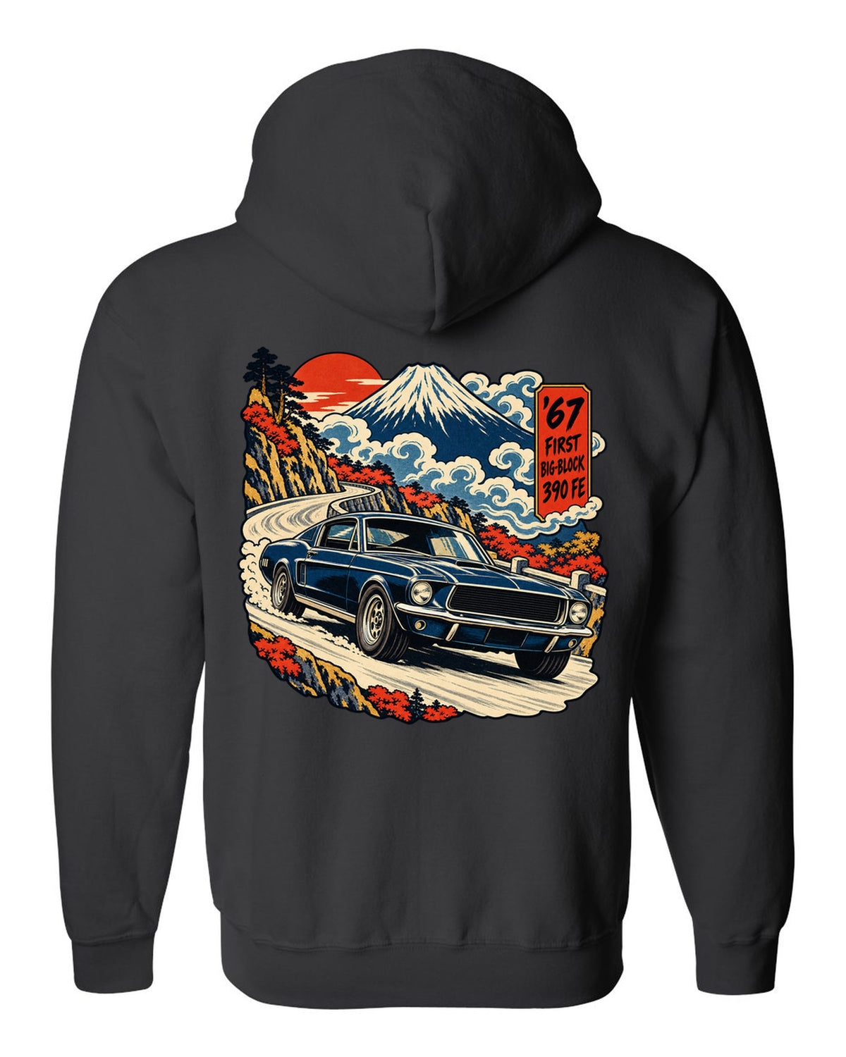 Ukiyo-e woodblock print of a 1967 Ford Mustang fastback with 390 FE first big-block text black zip hoodie back view with the design