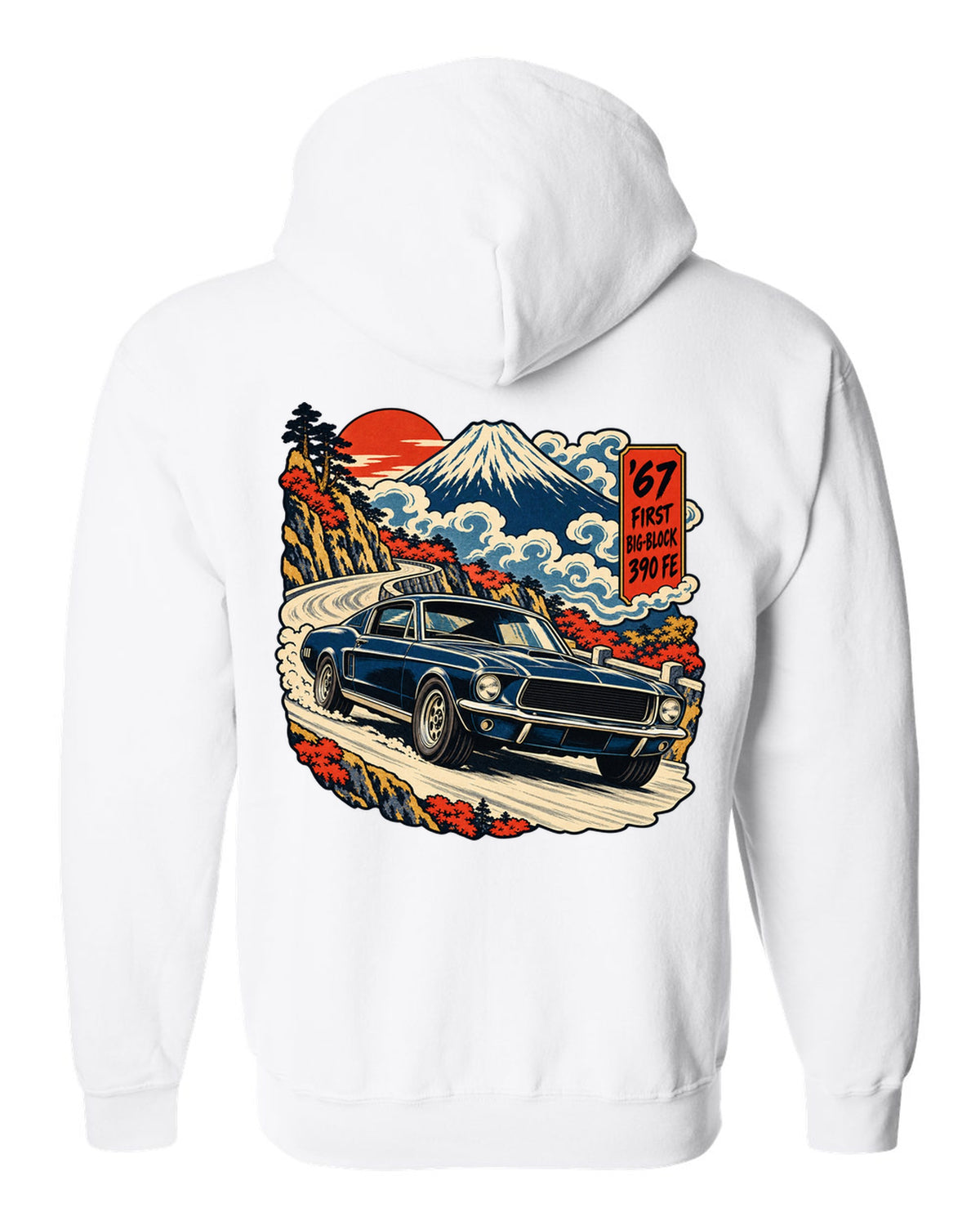 Ukiyo-e woodblock print of a 1967 Ford Mustang fastback with 390 FE first big-block text white zip hoodie back view with the design