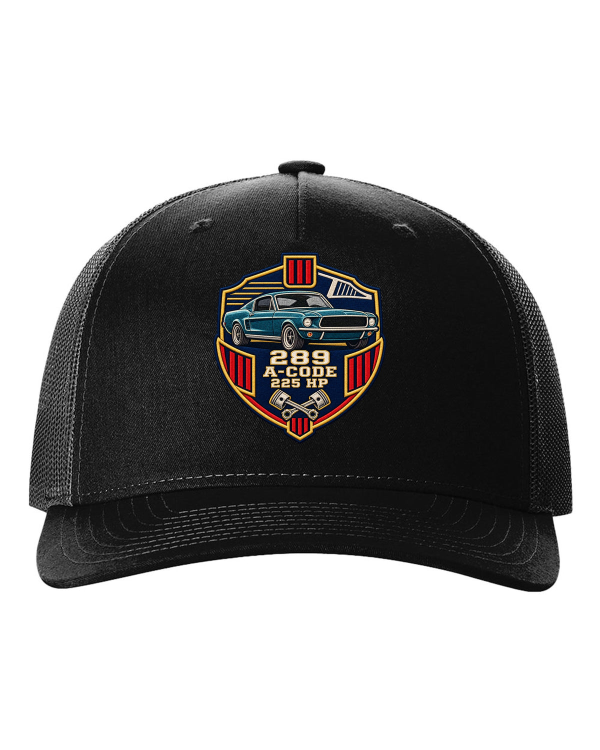 Embroidery-style varsity crest print for a 1967 Ford Mustang fastback A-Code 289 black hat front view with the design