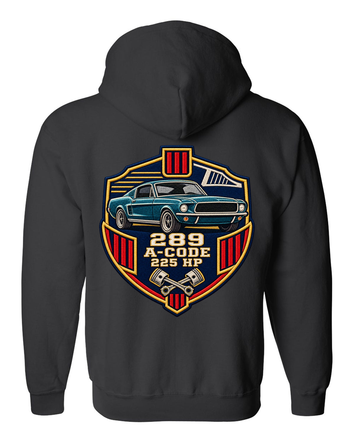 Embroidery-style varsity crest print for a 1967 Ford Mustang fastback A-Code 289 black zip hoodie back view with the design
