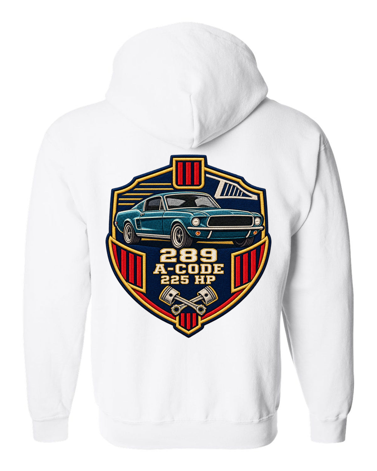 Embroidery-style varsity crest print for a 1967 Ford Mustang fastback A-Code 289 white zip hoodie back view with the design