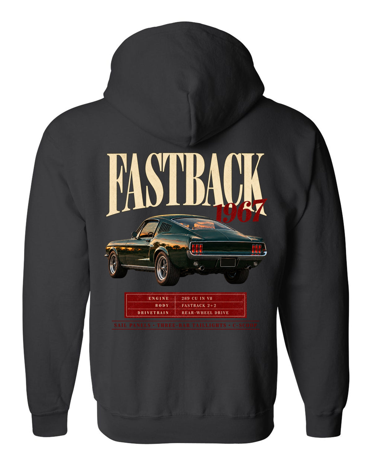 Archive panel illustration of a 1967 Ford Mustang fastback with 289 V8 spec callouts black zip hoodie back view with the design