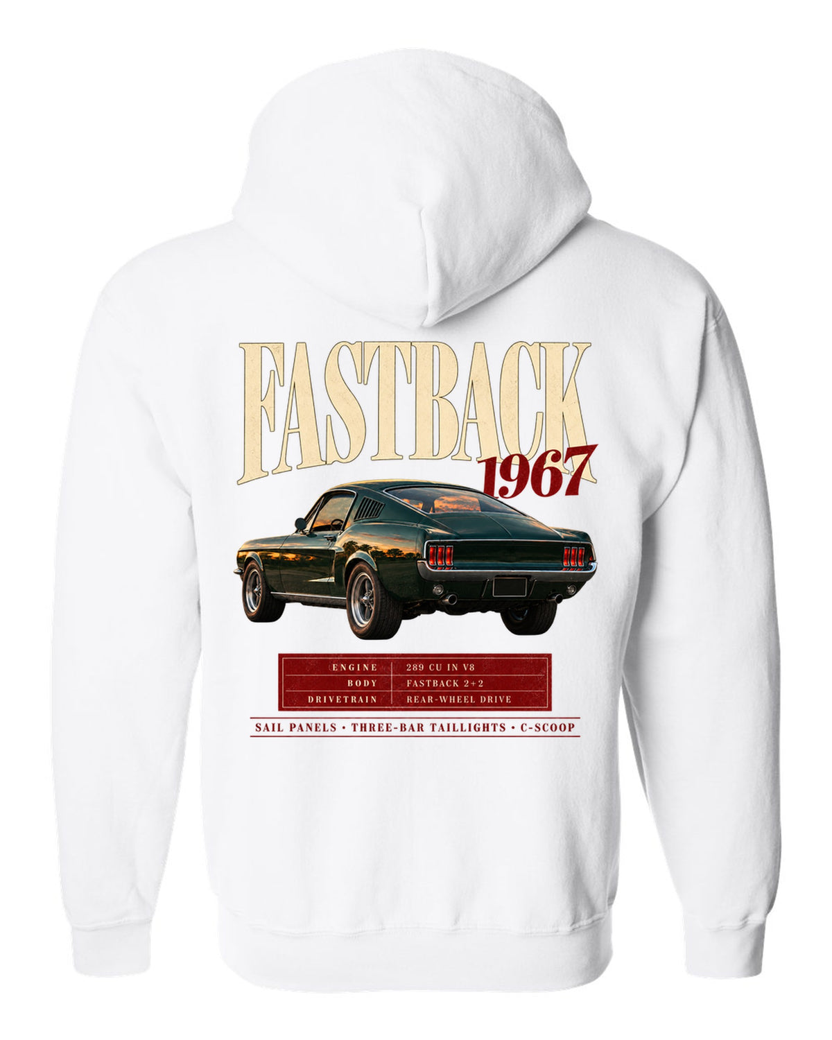 Archive panel illustration of a 1967 Ford Mustang fastback with 289 V8 spec callouts white zip hoodie back view with the design