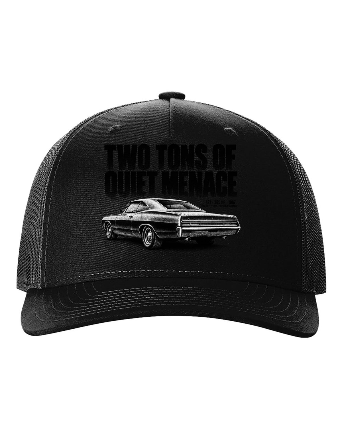 1967 Impala SS 427 two-door hardtop halftone print with 385 HP text black hat front view with the design