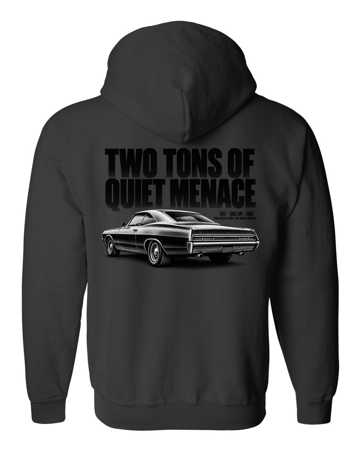 1967 Impala SS 427 two-door hardtop halftone print with 385 HP text black zip hoodie back view with the design