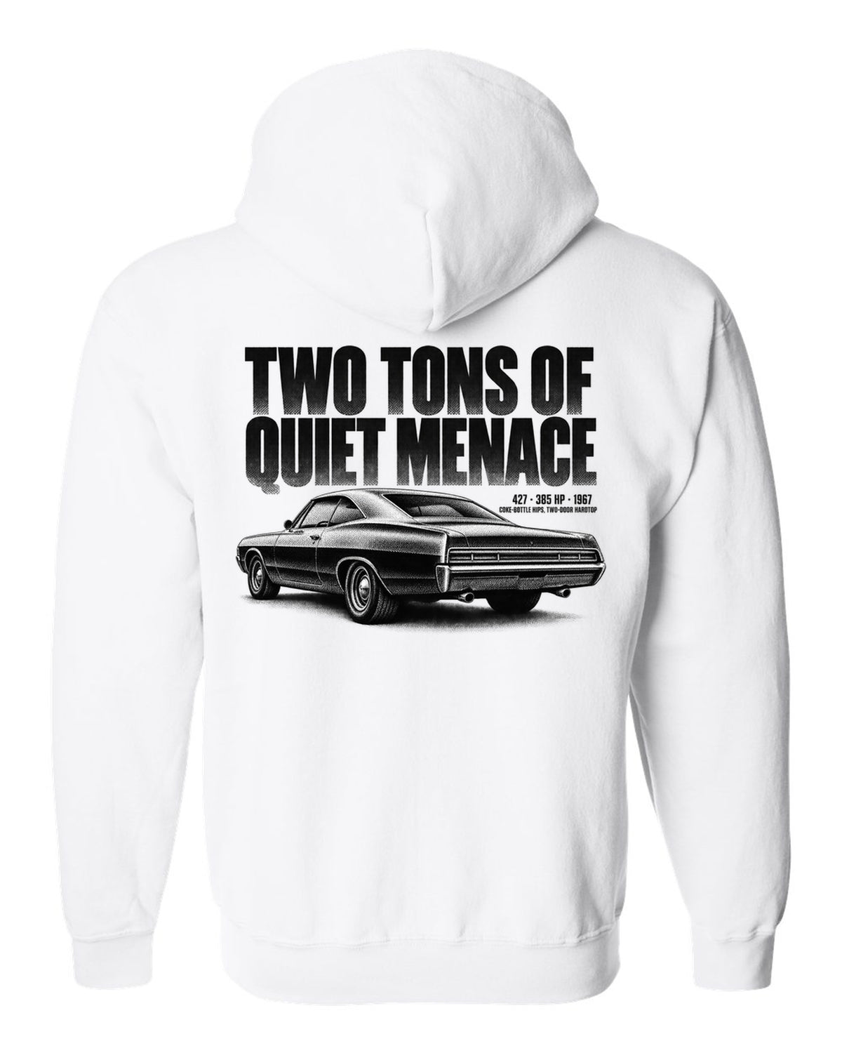 1967 Impala SS 427 two-door hardtop halftone print with 385 HP text white zip hoodie back view with the design