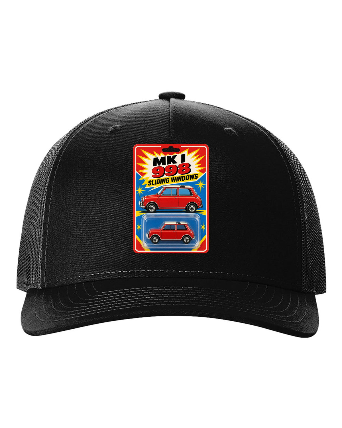 1967 Mini Cooper Mk I on a toy blister card with 998 and sliding windows text black hat front view with the design