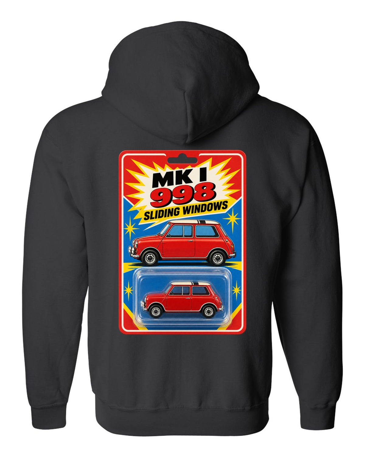 1967 Mini Cooper Mk I on a toy blister card with 998 and sliding windows text black zip hoodie back view with the design